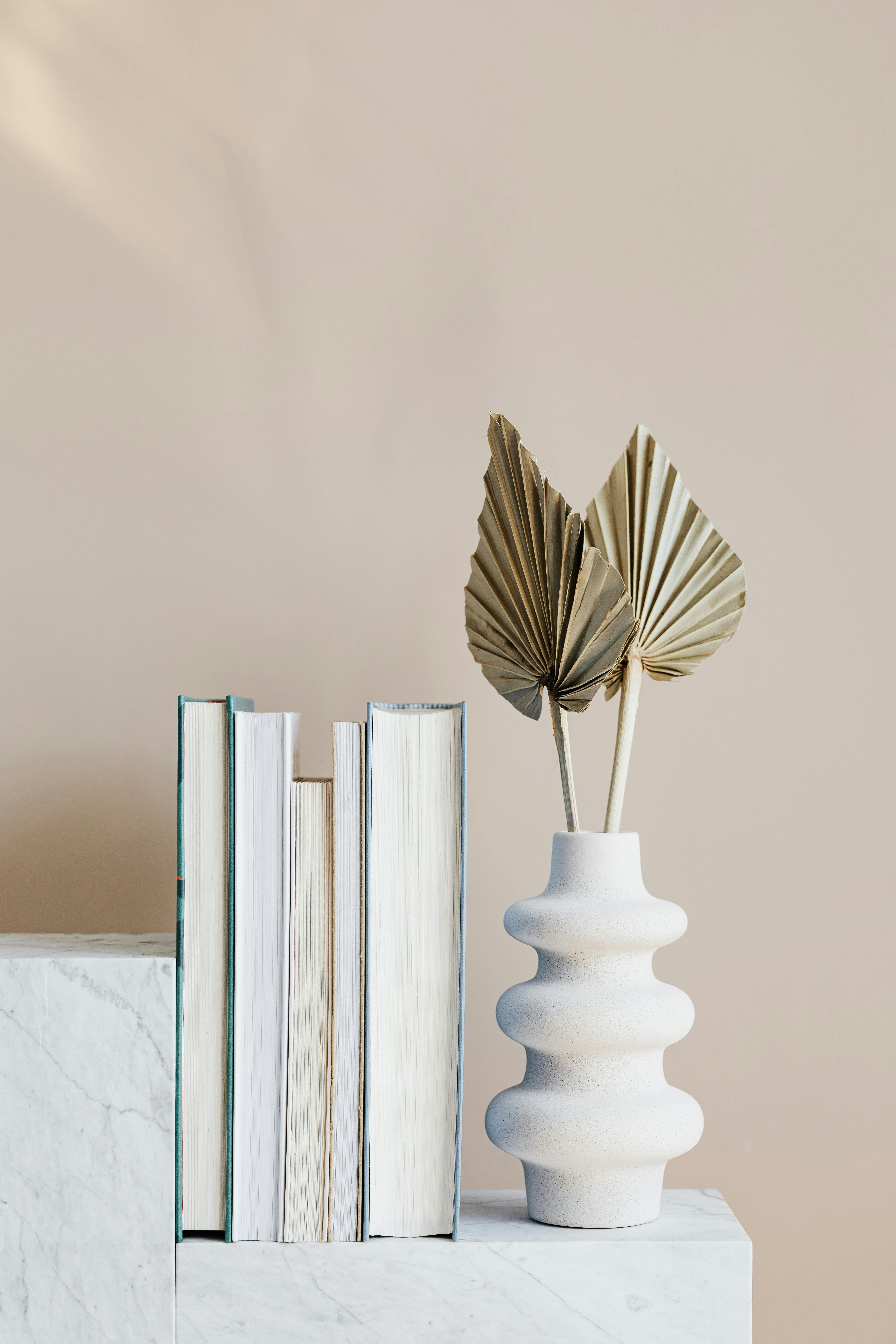 Elegant minimalist bookshelf decor featuring a stylish vase with dried leaves and neatly arranged books.